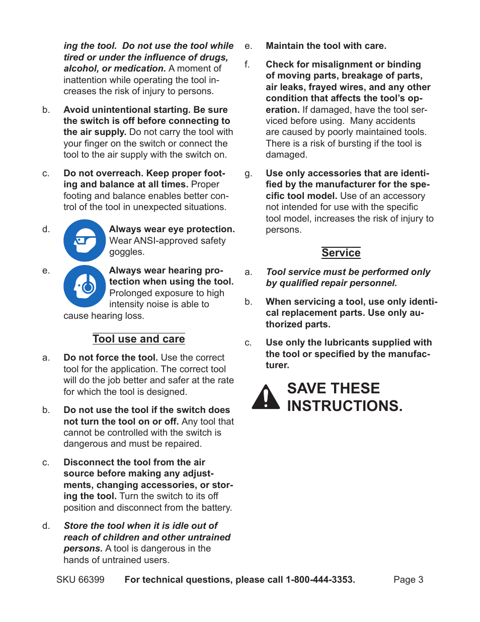 Save these instructions | Harbor Freight Tools 66399 User Manual | Page 3 / 12