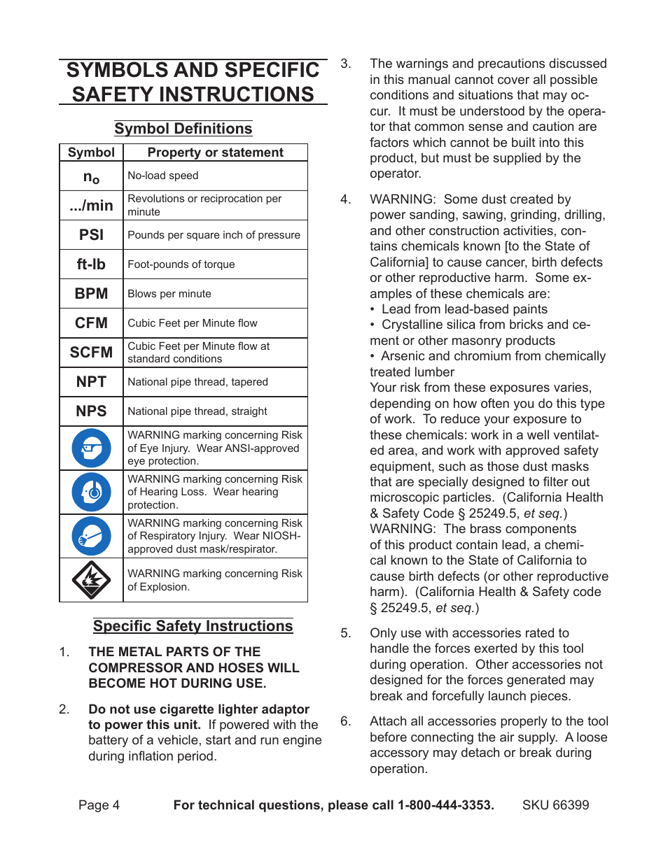 Symbols and specific safety instructions | Harbor Freight Tools 66399 User Manual | Page 4 / 12
