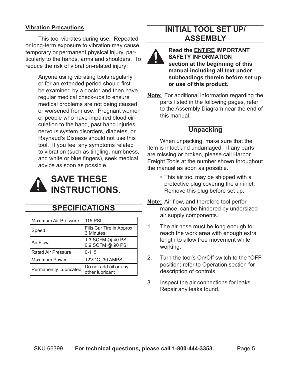 Save these instructions, Specifications, Initial tool set up/ assembly | Harbor Freight Tools 66399 User Manual | Page 5 / 12