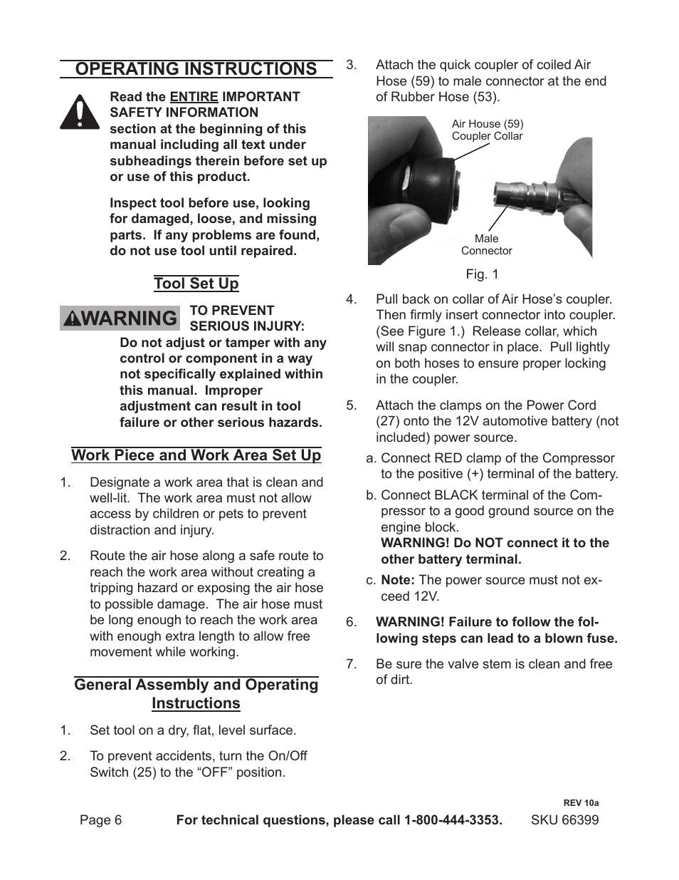 Operating instructions | Harbor Freight Tools 66399 User Manual | Page 6 / 12