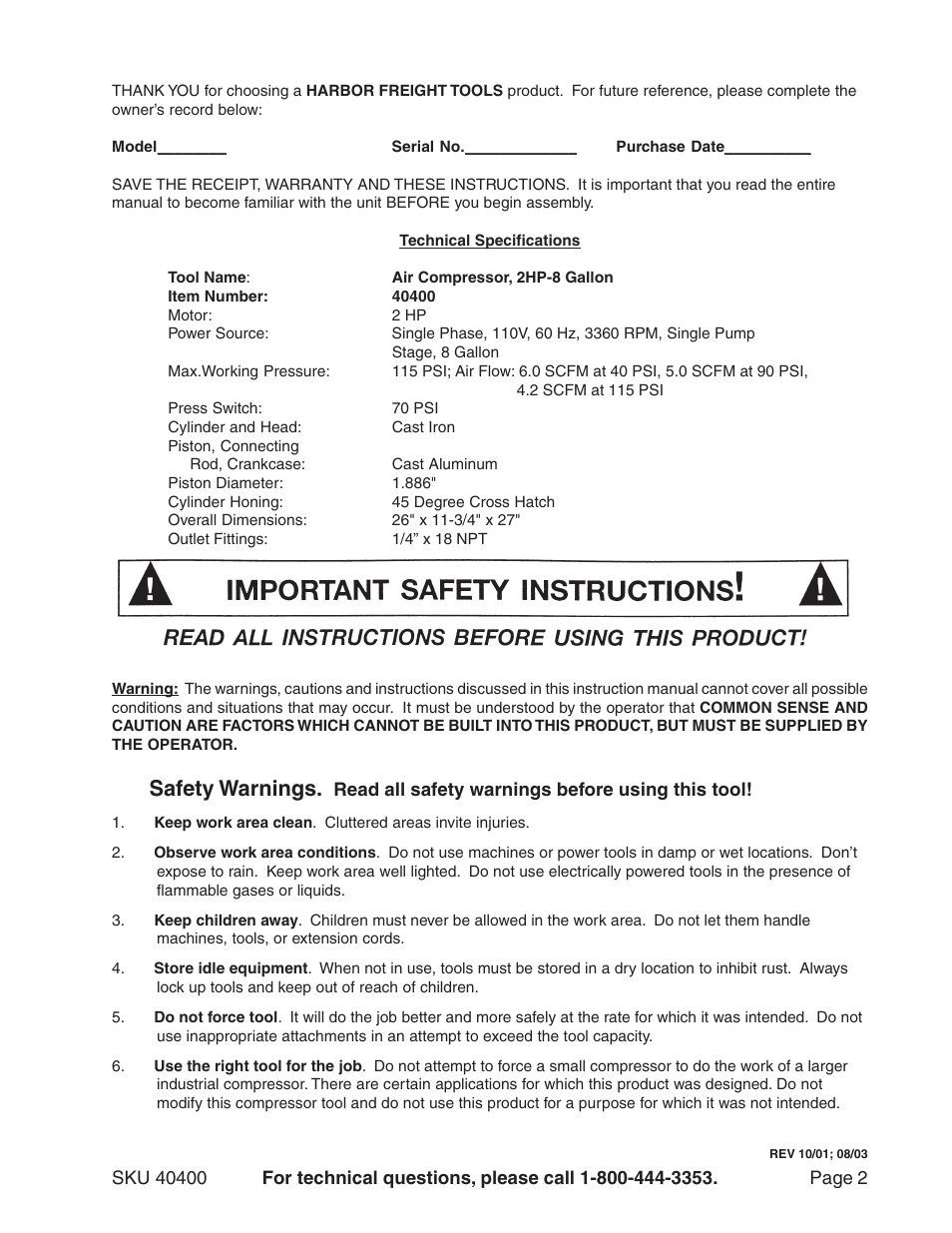 Safety warnings | Harbor Freight Tools 40400 User Manual | Page 2 / 8