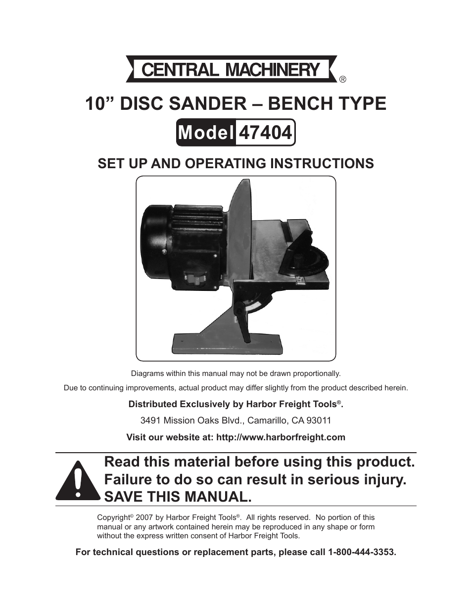 Harbor Freight Tools Central Machinery 10" Disc Sander-Bench Type 47404 User Manual | 13 pages