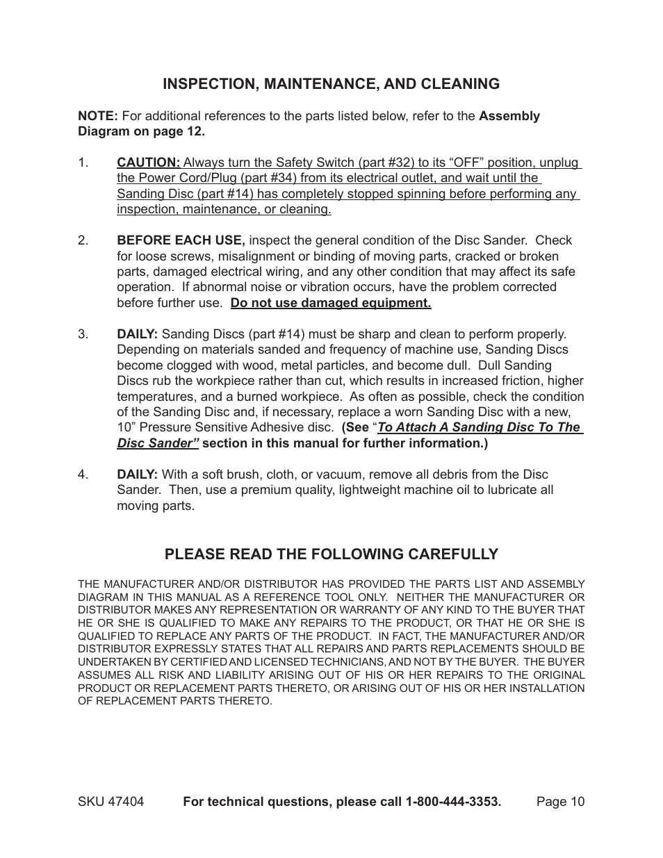 Inspection, maintenance, and cleaning, Please read the following carefully | Harbor Freight Tools Central Machinery 10" Disc Sander-Bench Type 47404 User Manual | Page 10 / 13