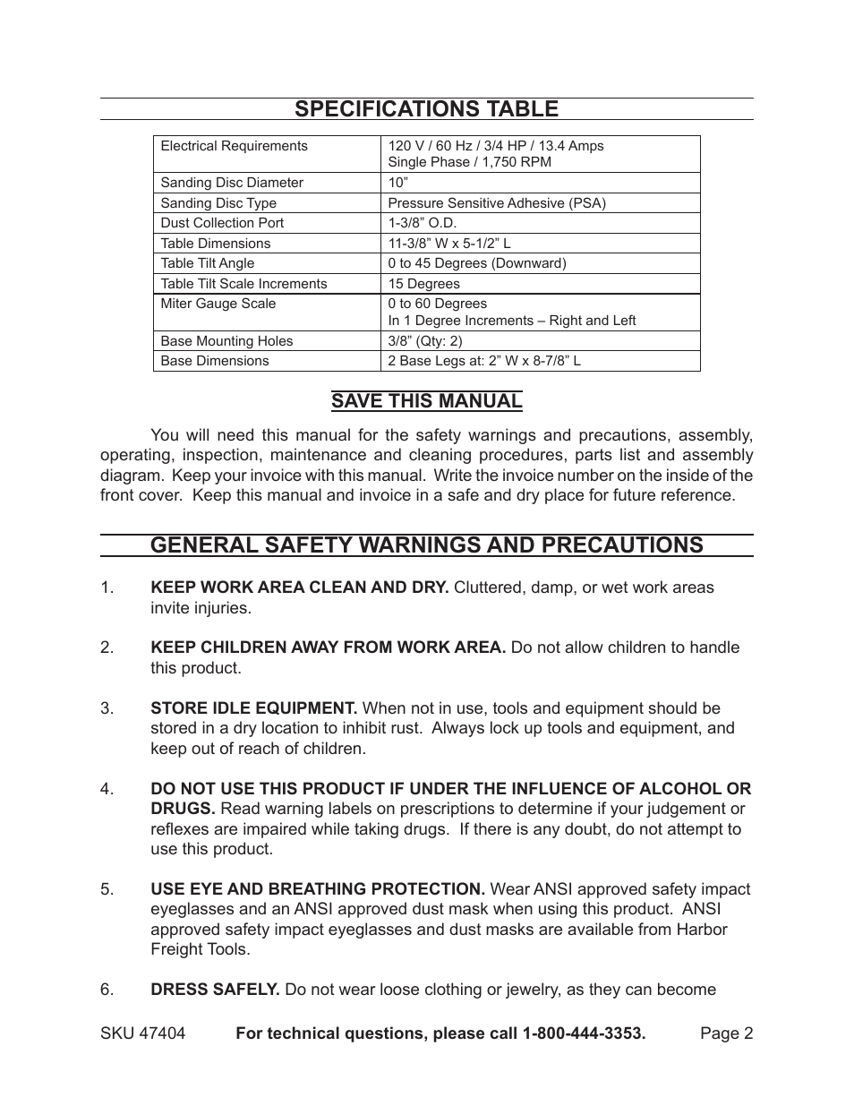 Specifications table, General safety warnings and precautions, Save this manual | Harbor Freight Tools Central Machinery 10" Disc Sander-Bench Type 47404 User Manual | Page 2 / 13
