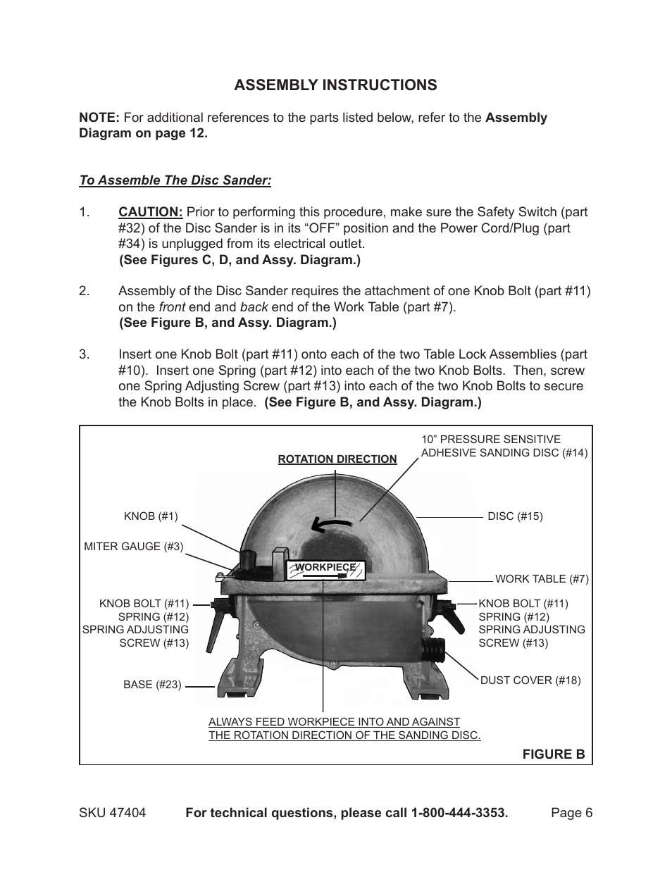 Assembly instructions | Harbor Freight Tools Central Machinery 10" Disc Sander-Bench Type 47404 User Manual | Page 6 / 13