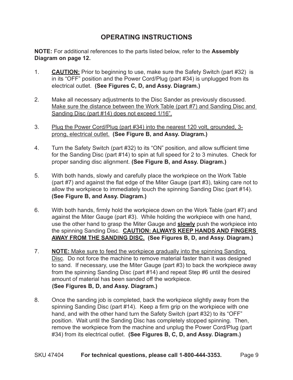 Harbor Freight Tools Central Machinery 10" Disc Sander-Bench Type 47404 User Manual | Page 9 / 13