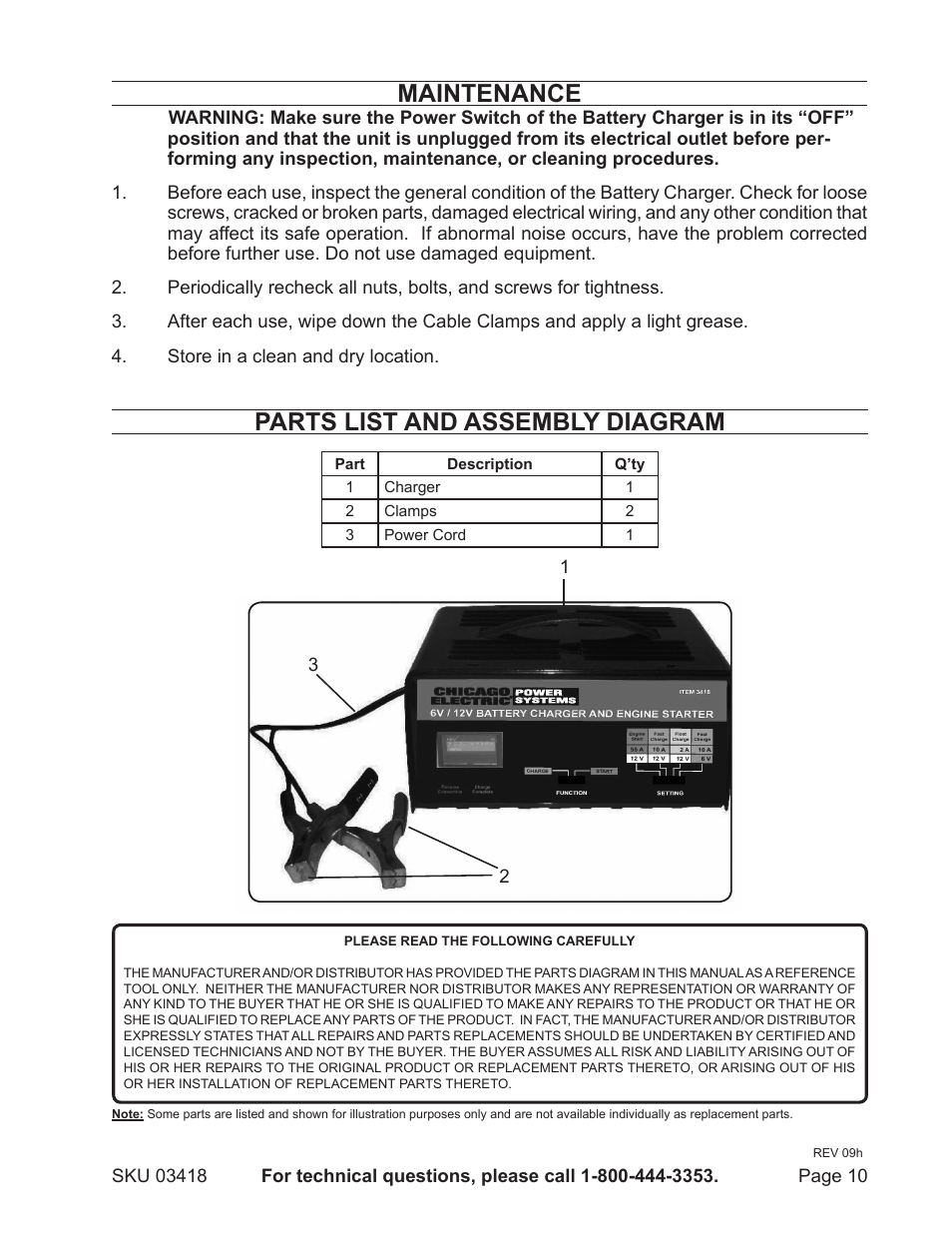 Maintenance, Parts list and assembly diagram | Harbor Freight Tools 3418 User Manual | Page 10 / 11