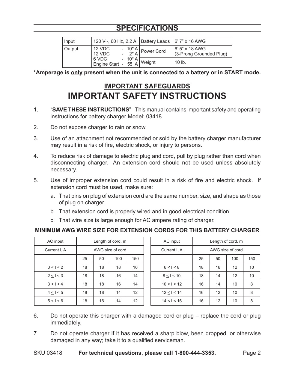 Important safety instructions, Specifications, Important safeguards | Harbor Freight Tools 3418 User Manual | Page 2 / 11