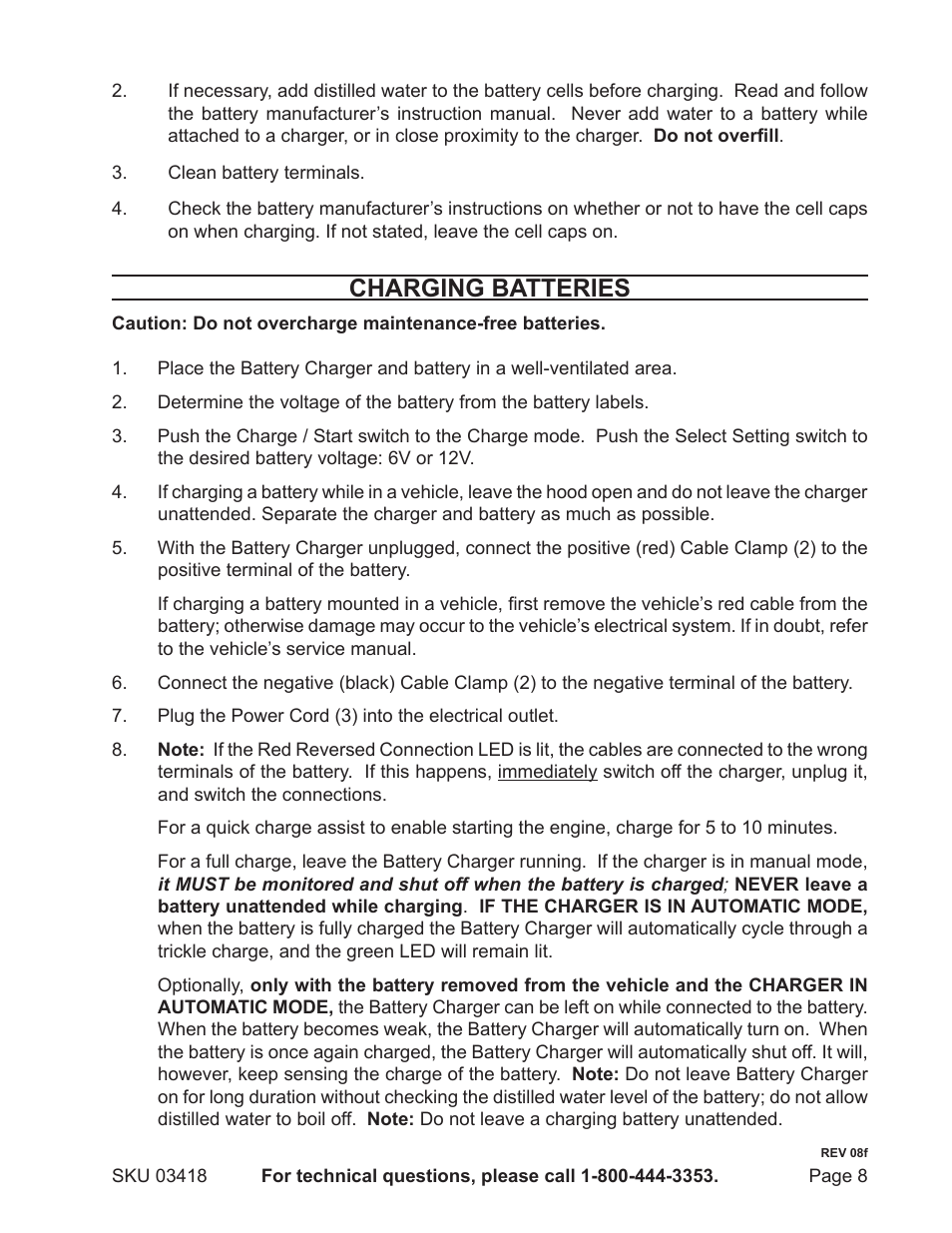 Charging batteries | Harbor Freight Tools 3418 User Manual | Page 8 / 11