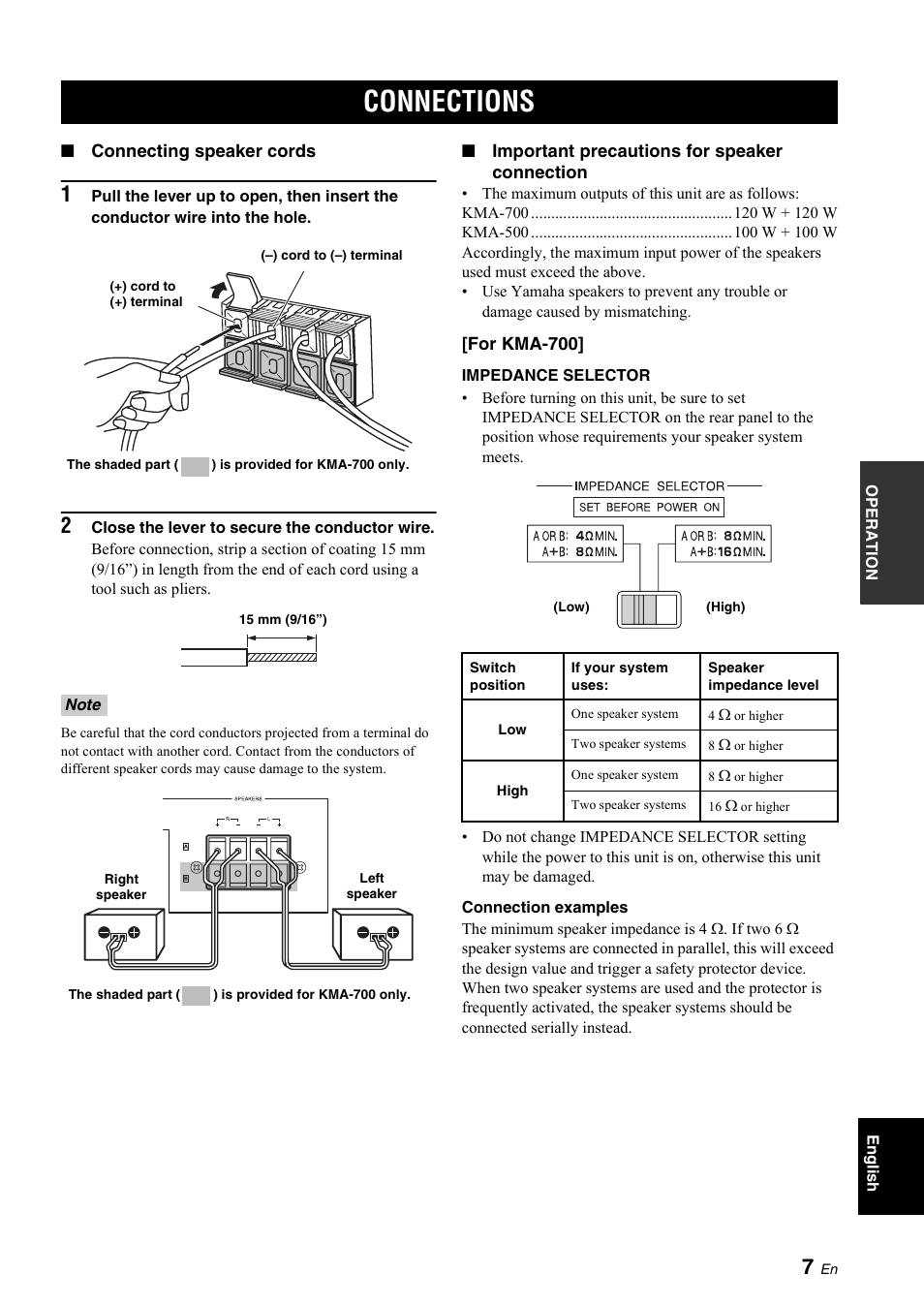 Connections, Impedance selector, Impedance selector” o | Yamaha KMA-700 User Manual | Page 11 / 84