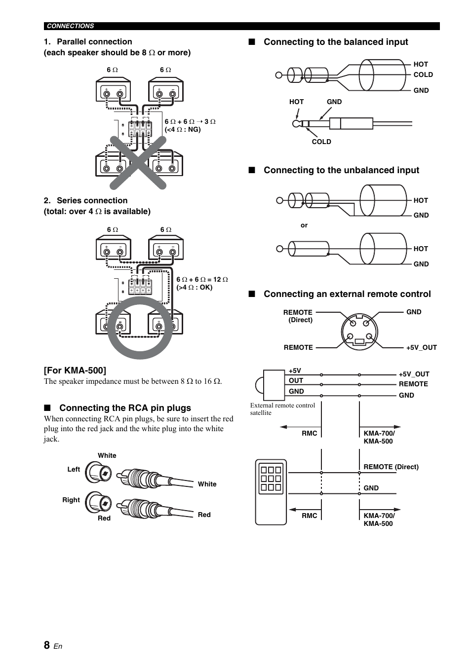 Connecting an external remote control” o, For kma-500, Connecting the rca pin plugs | Yamaha KMA-700 User Manual | Page 12 / 84