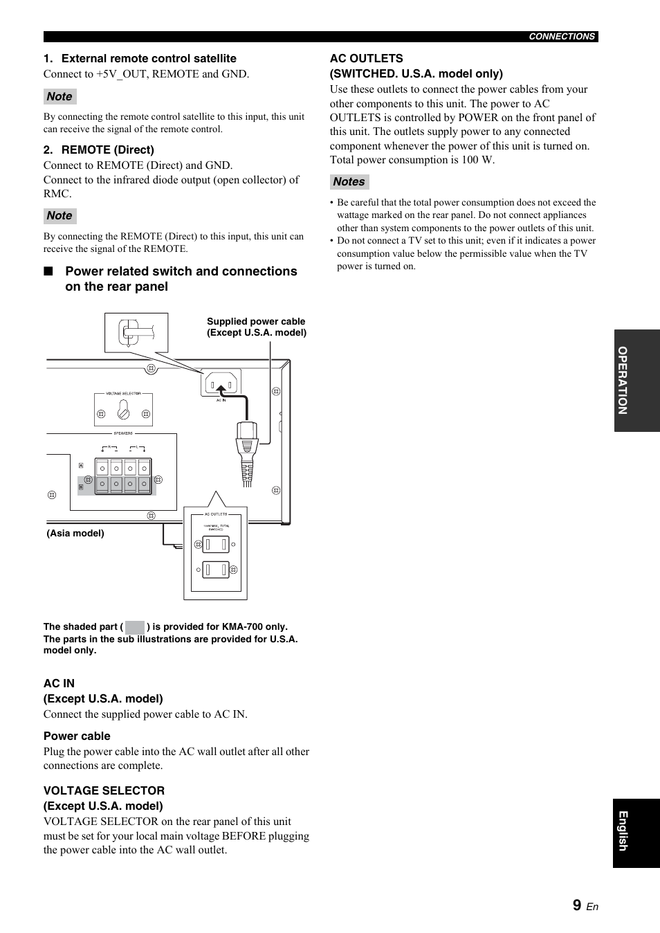 Voltage selector” o, R to “ac outlets, Ac in | Voltage selector” on p | Yamaha KMA-700 User Manual | Page 13 / 84