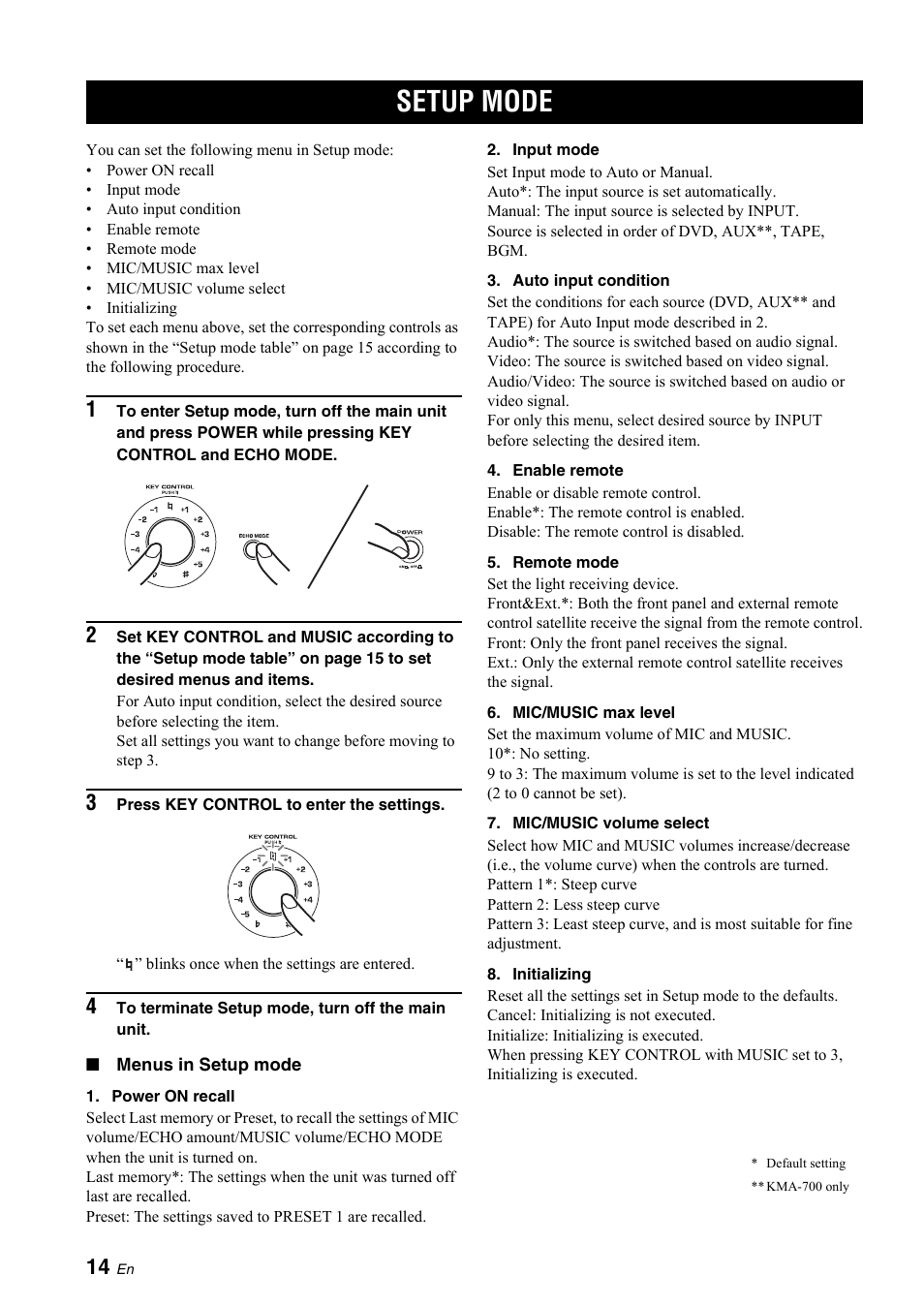 Setup mode, Input mode, Ge 14 | To “power on recall, Auto input condition, Input mode” on | Yamaha KMA-700 User Manual | Page 18 / 84