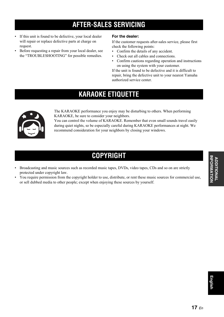 After-sales servicing, Karaoke etiquette, Copyright | After-sales servicing karaoke etiquette copyright, After-sales servicing karaoke etiquette | Yamaha KMA-700 User Manual | Page 21 / 84