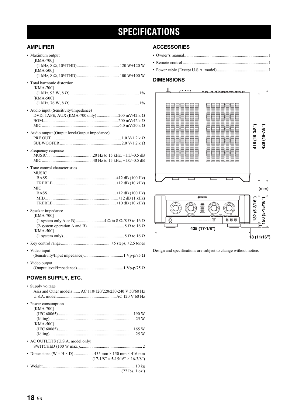 Specifications | Yamaha KMA-700 User Manual | Page 22 / 84