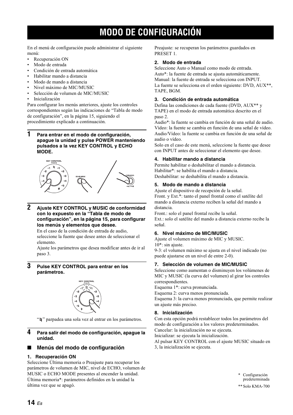 Modo de configuración, Modo de entrada, Recuperación on” en l | Na 14, Condición de entrada automática” e | Yamaha KMA-700 User Manual | Page 58 / 84