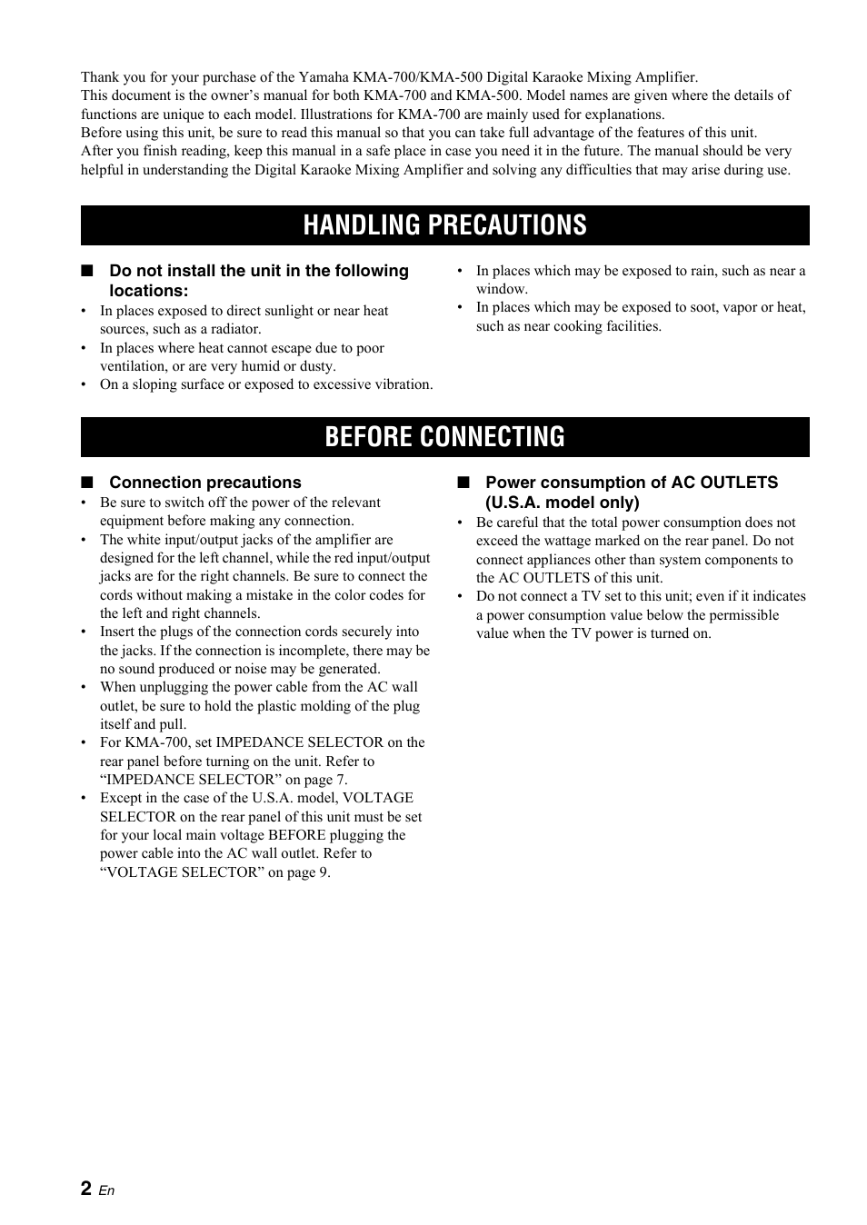 Introduction, Handling precautions, Before connecting | Handling precautions before connecting | Yamaha KMA-700 User Manual | Page 6 / 84