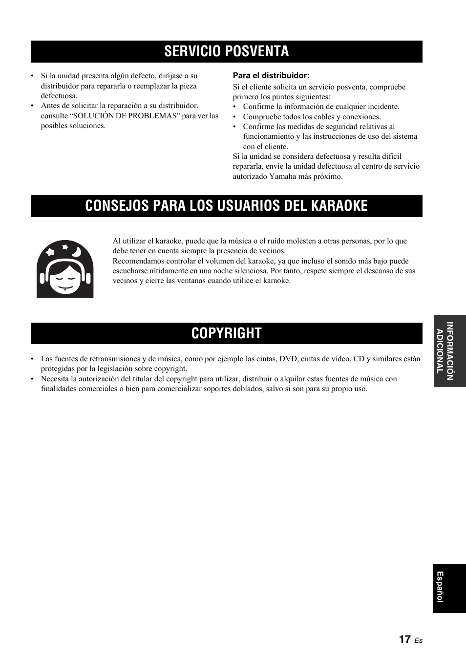 Servicio posventa, Consejos para los usuarios del karaoke, Copyright | Servicio posventa consejos para los usuarios del, Karaoke | Yamaha KMA-700 User Manual | Page 61 / 84