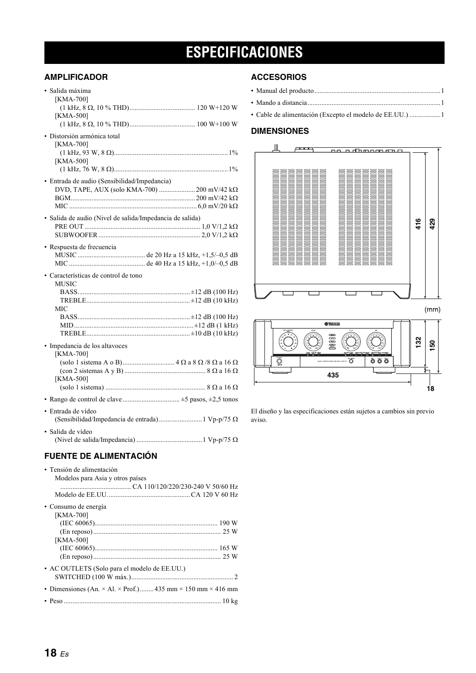 Especificaciones | Yamaha KMA-700 User Manual | Page 62 / 84