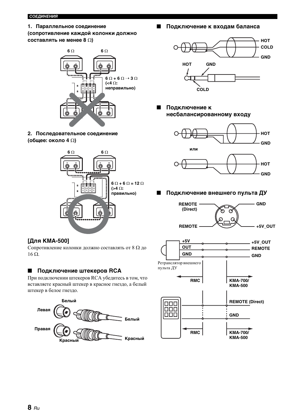 Подключение внешнего пульта ду, Для kma-500, Подключение штекеров rca | Yamaha KMA-700 User Manual | Page 72 / 84