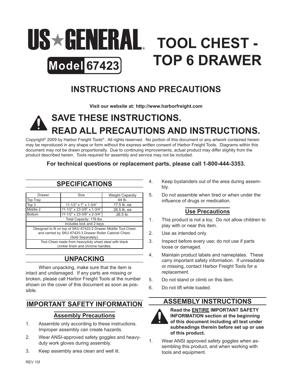 Harbor Freight Tools 67423 User Manual | 2 pages