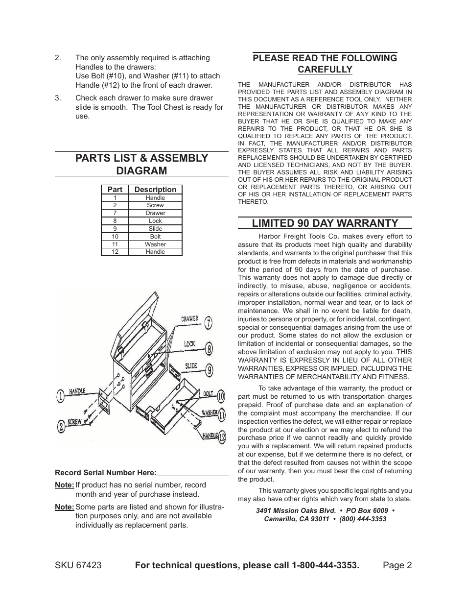 Limited 90 day warranty, Parts list & assembly diagram, Please read the following carefully | Harbor Freight Tools 67423 User Manual | Page 2 / 2