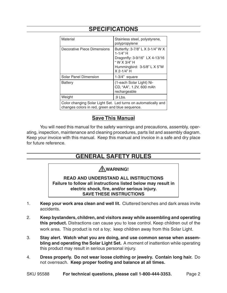 Specifications, General safety rules, Save this manual | Harbor Freight Tools 95588 User Manual | Page 2 / 7