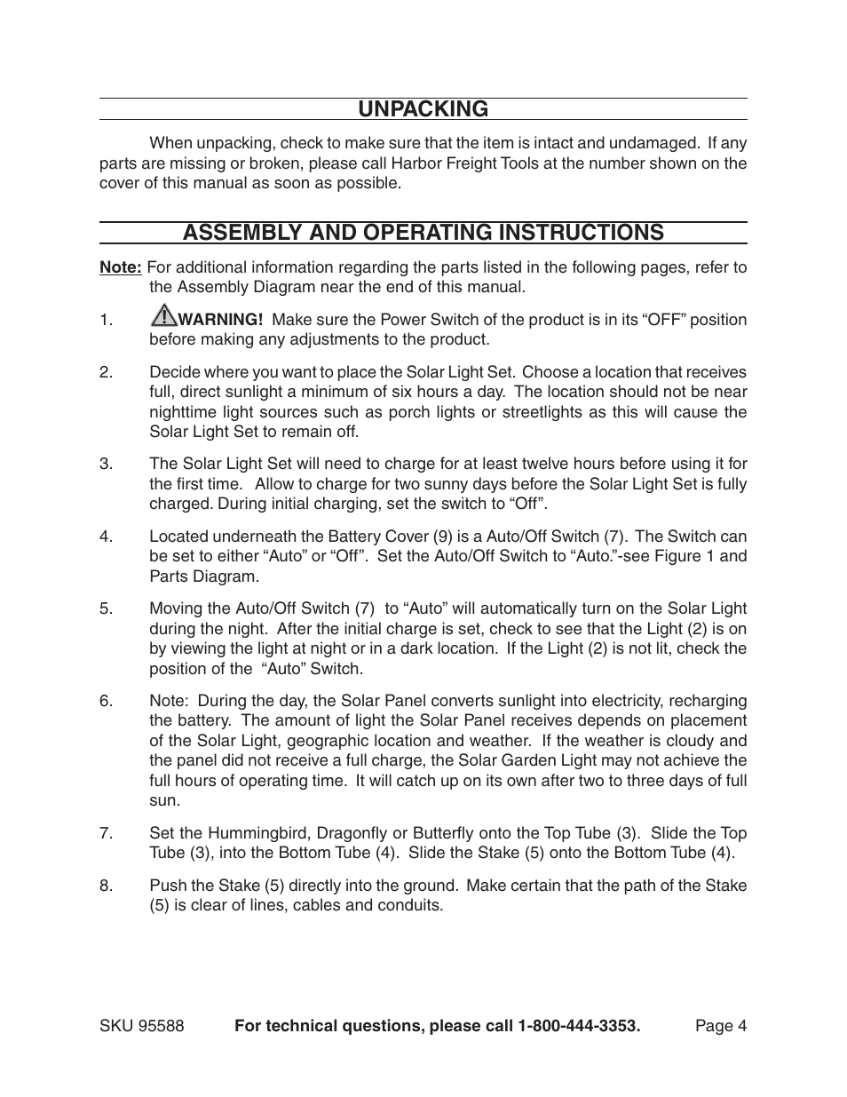 Unpacking, Assembly and operating instructions | Harbor Freight Tools 95588 User Manual | Page 4 / 7