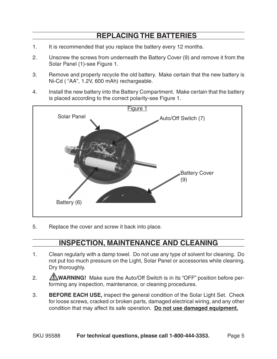 Replacing the batteries, Inspection, maintenance and cleaning | Harbor Freight Tools 95588 User Manual | Page 5 / 7