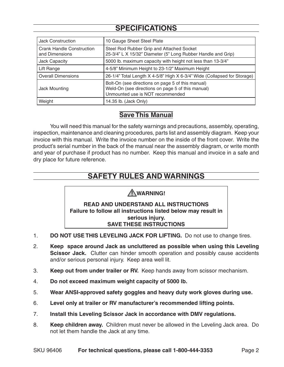 Specifications, Safety rules and warnings, Save this manual | Harbor Freight Tools 96406 User Manual | Page 2 / 7