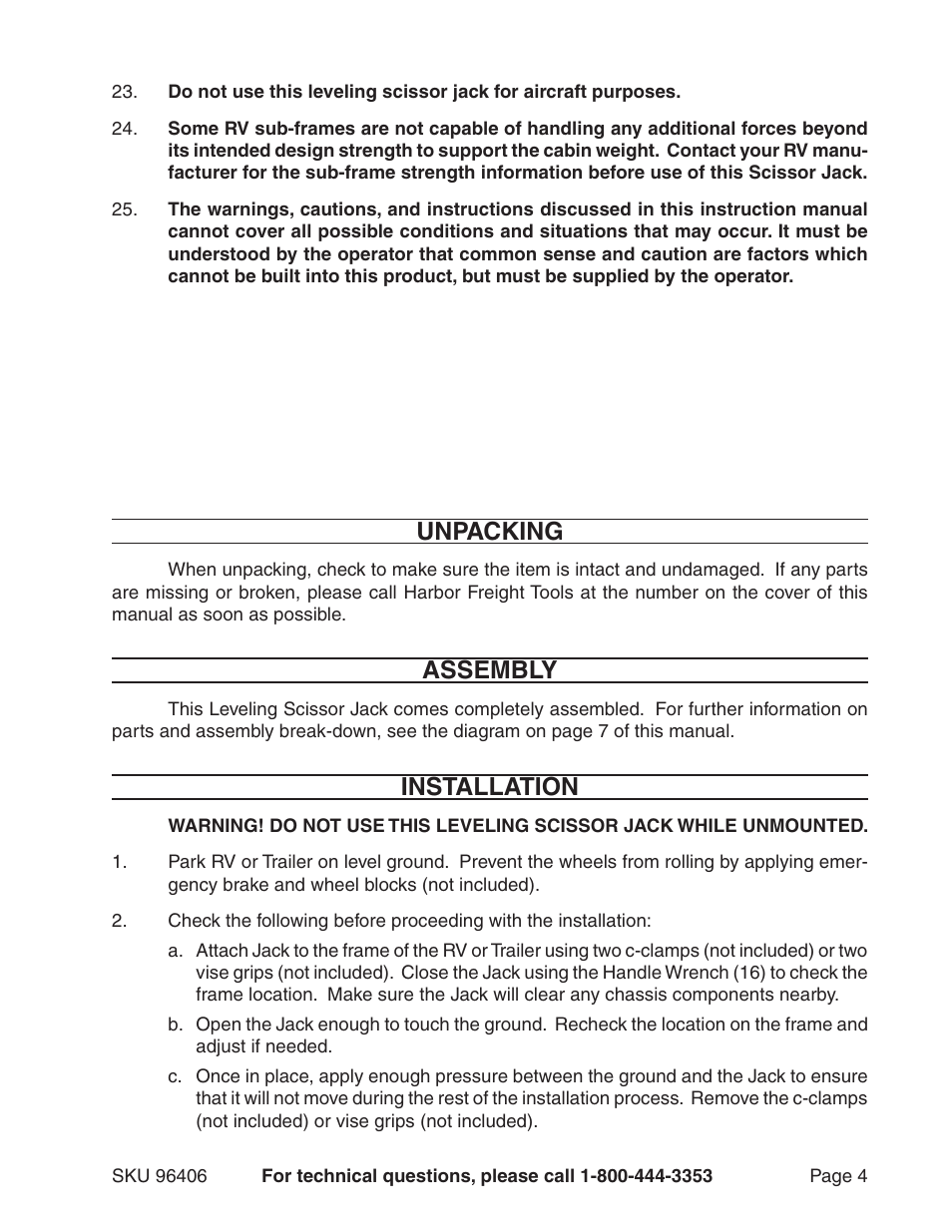 Unpacking, Assembly, Installation | Harbor Freight Tools 96406 User Manual | Page 4 / 7
