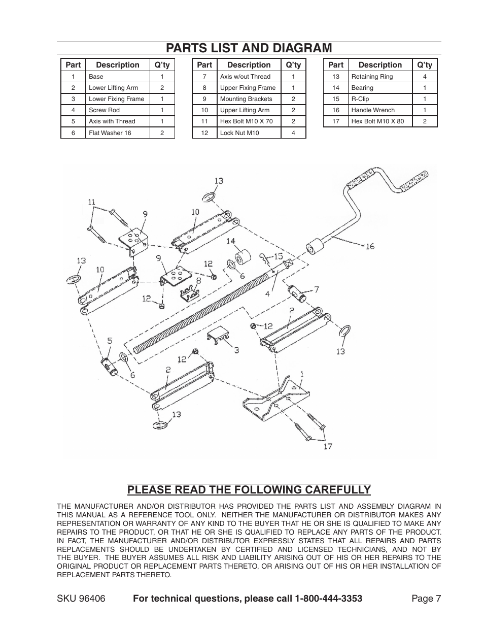 Parts list and diagram, Please read the following carefully | Harbor Freight Tools 96406 User Manual | Page 7 / 7