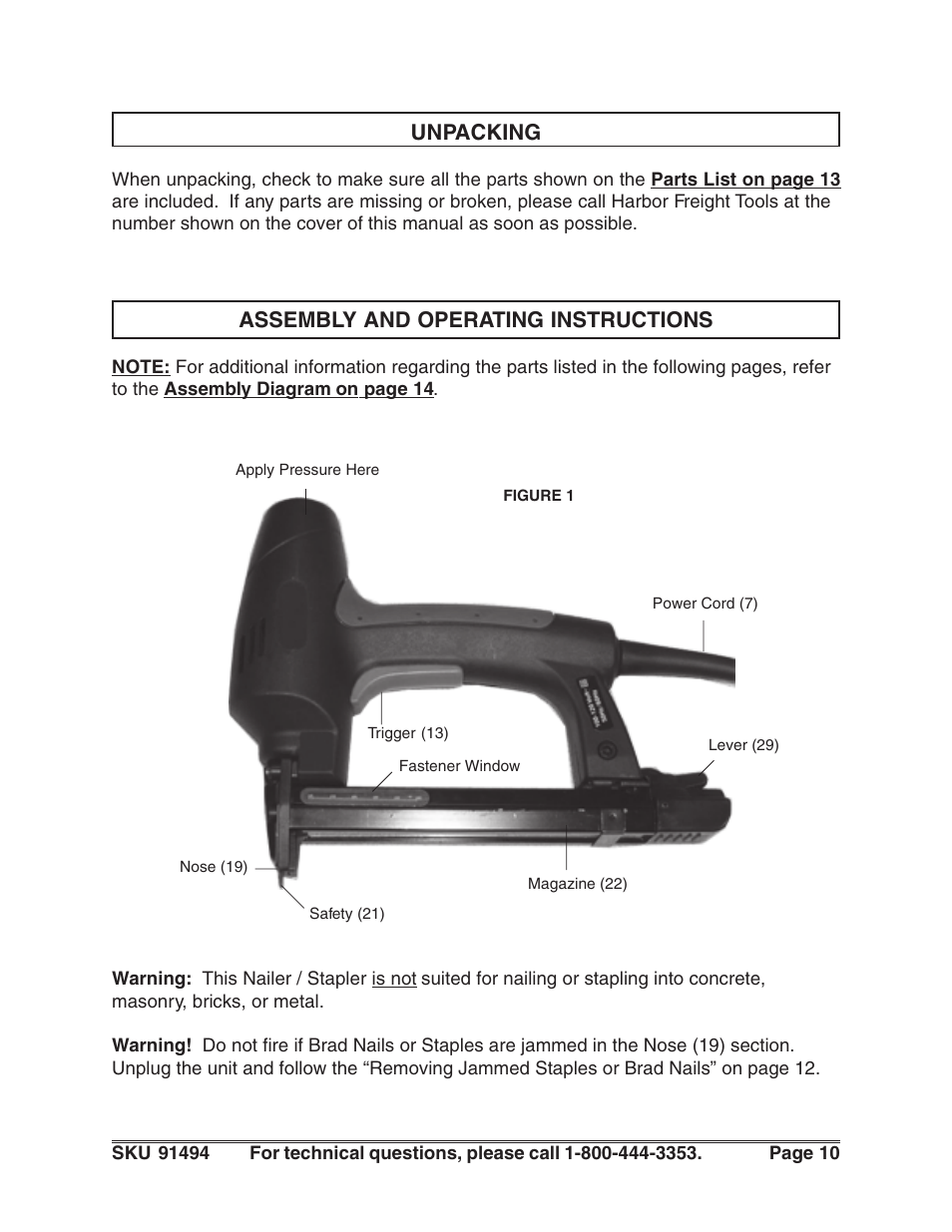 Unpacking, Assembly and operating instructions | Harbor Freight Tools 91494 User Manual | Page 10 / 14