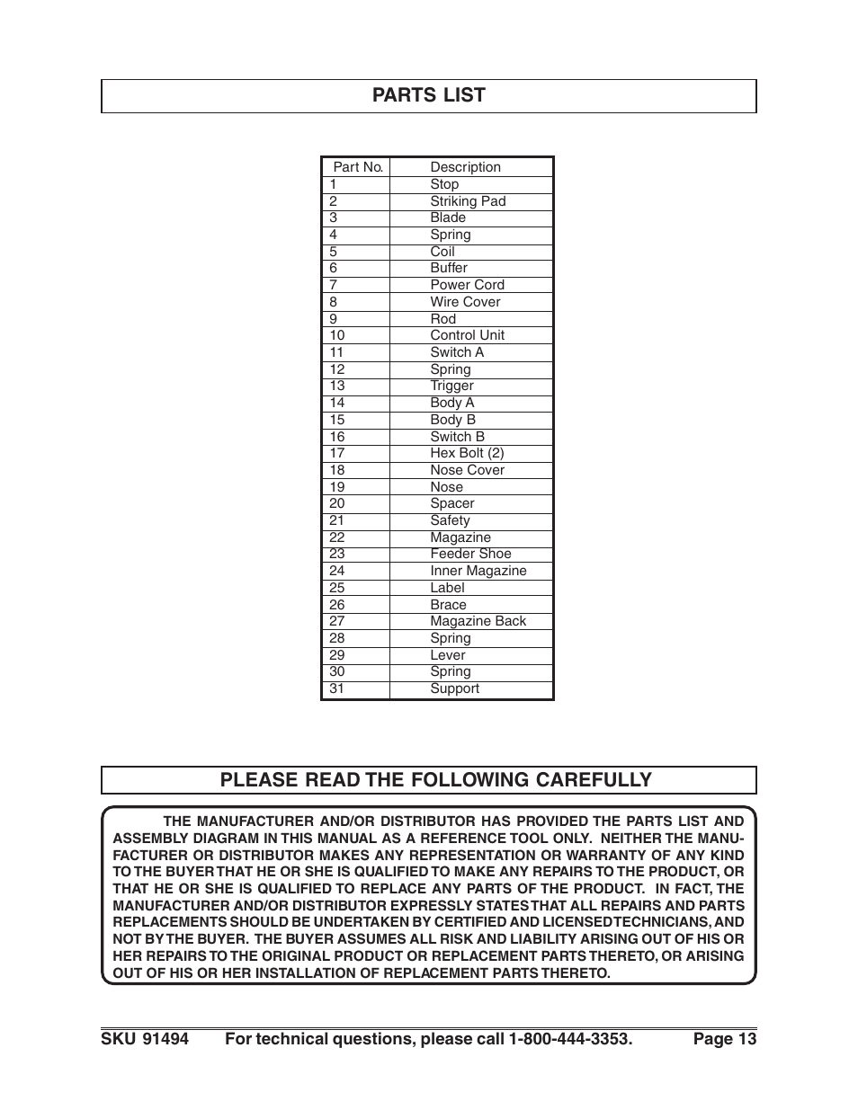 Parts list please read the following carefully | Harbor Freight Tools 91494 User Manual | Page 13 / 14