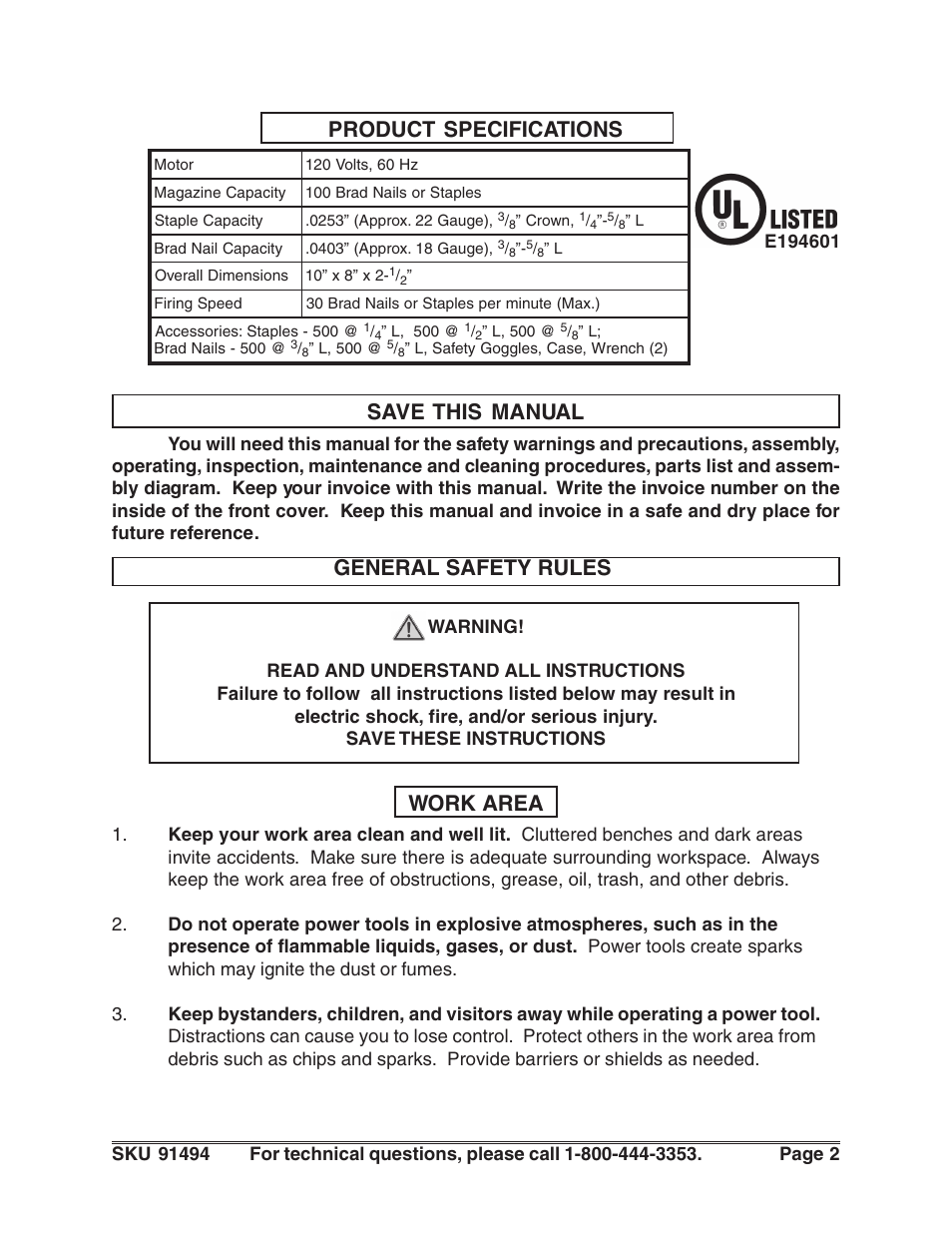 Product specifications save this manual, Work area general safety rules | Harbor Freight Tools 91494 User Manual | Page 2 / 14