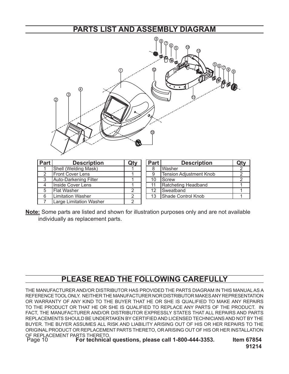 Parts list and assembly diagram, Please read the following carefully | Harbor Freight Tools 67854 User Manual | Page 10 / 11