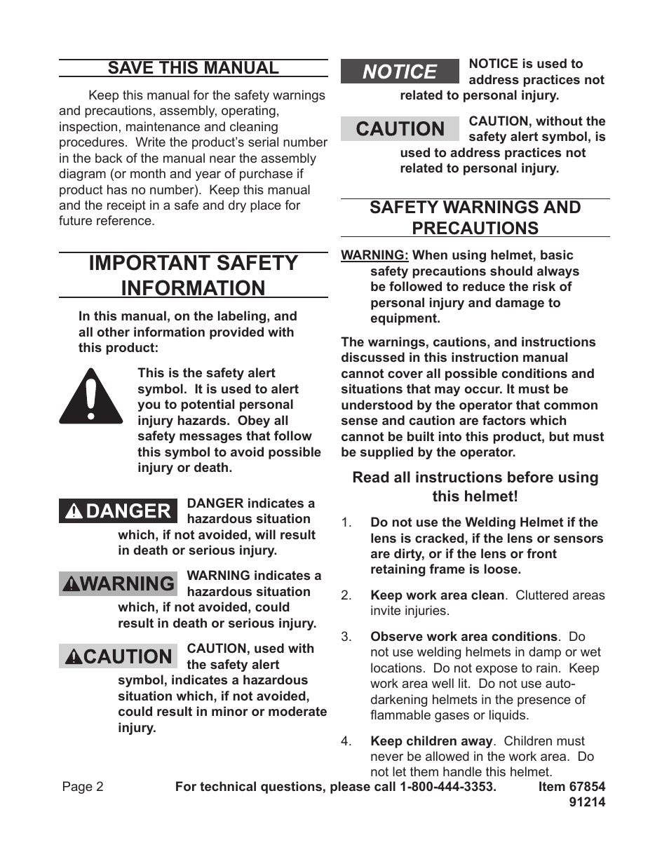 Important safety information, Save this manual, Safety warnings and precautions | Harbor Freight Tools 67854 User Manual | Page 2 / 11