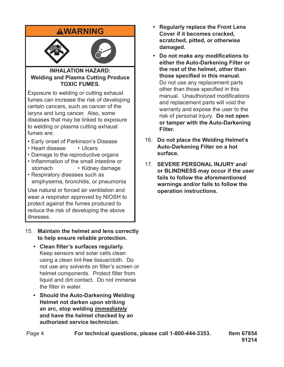 Warning | Harbor Freight Tools 67854 User Manual | Page 4 / 11