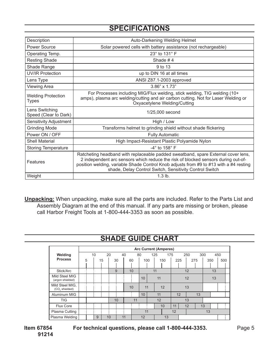 Shade guide chart, Specifications | Harbor Freight Tools 67854 User Manual | Page 5 / 11