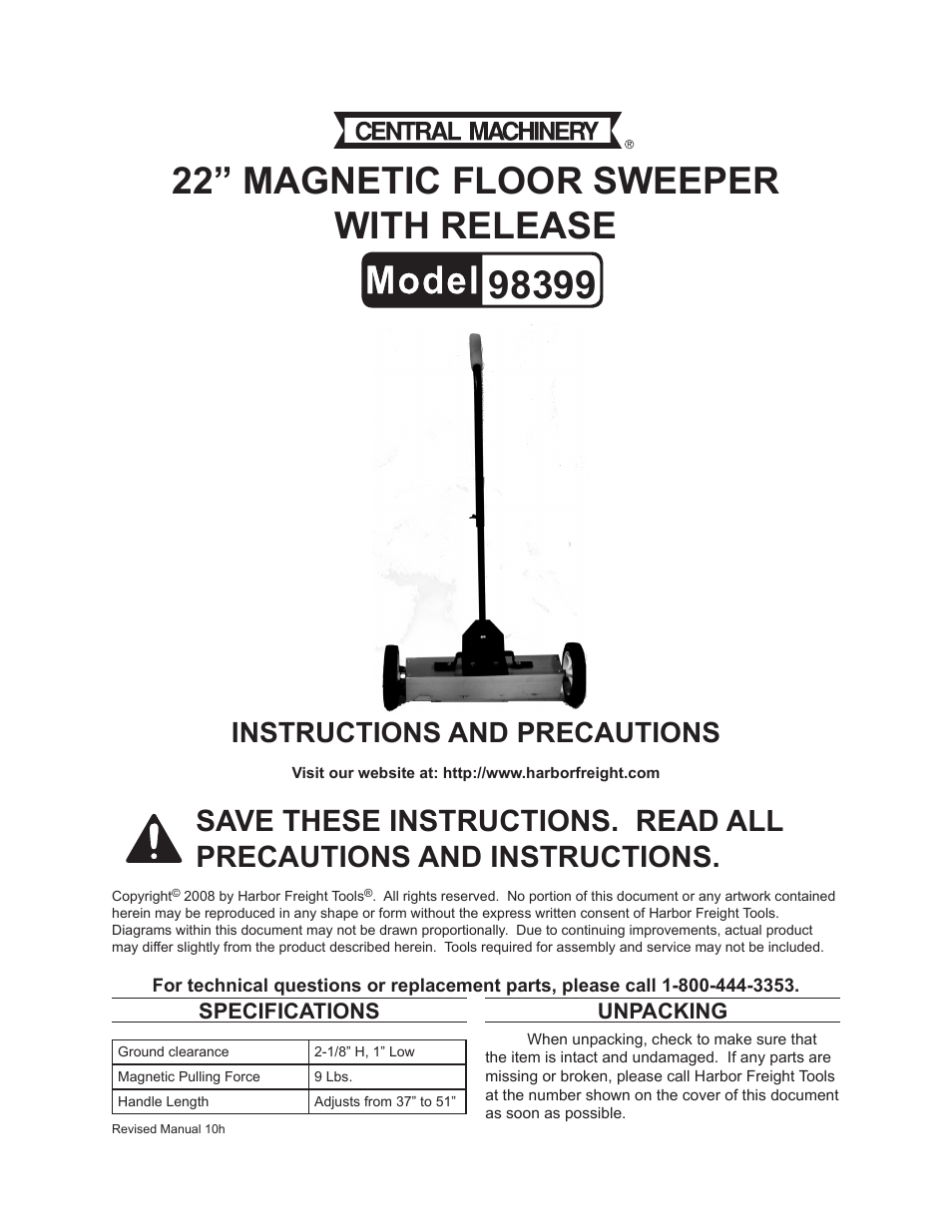 Harbor Freight Tools Central Machinery 22" Magnetic Floor Sweeper with Release 98399 User Manual | 3 pages