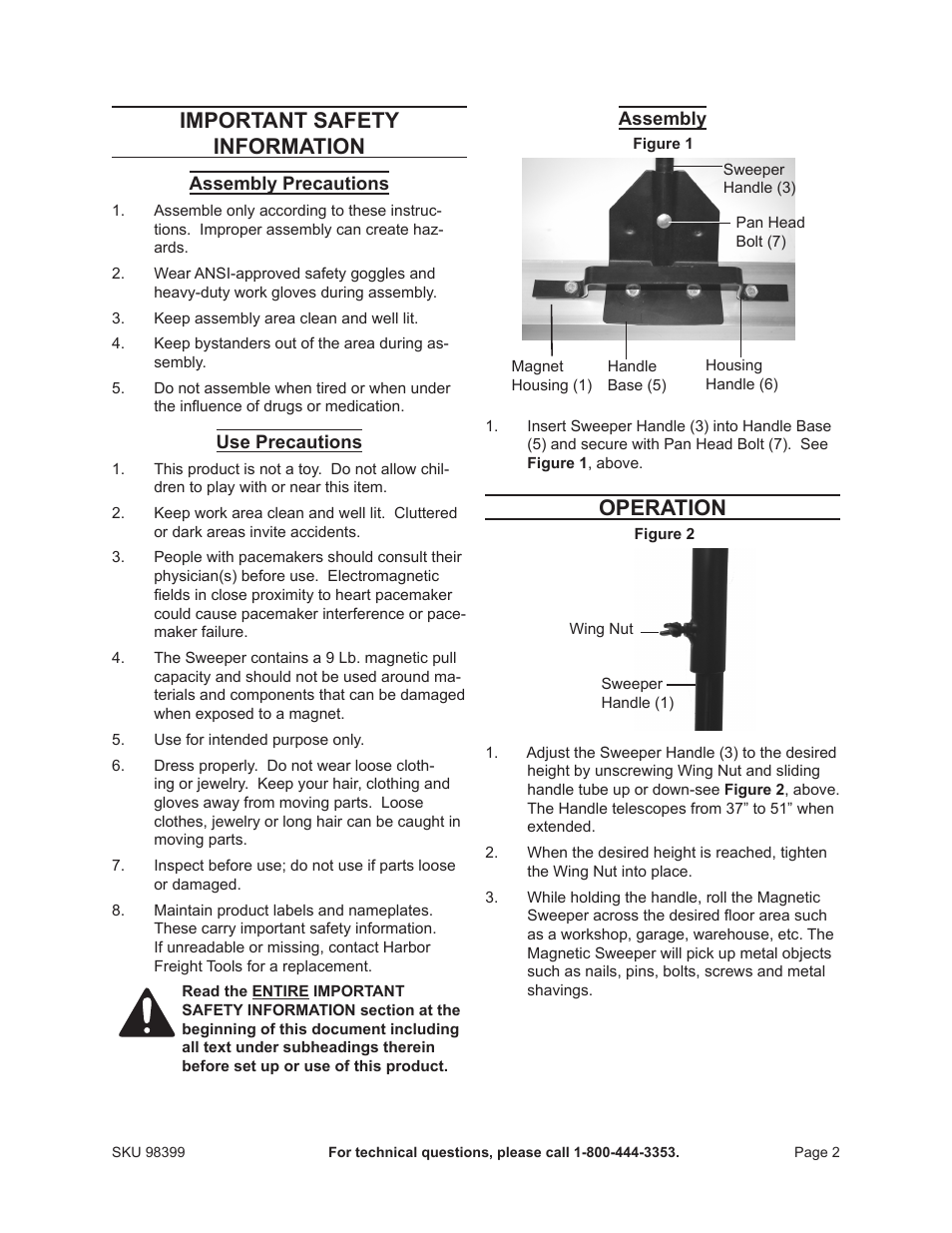 Important safety information, Operation | Harbor Freight Tools Central Machinery 22" Magnetic Floor Sweeper with Release 98399 User Manual | Page 2 / 3