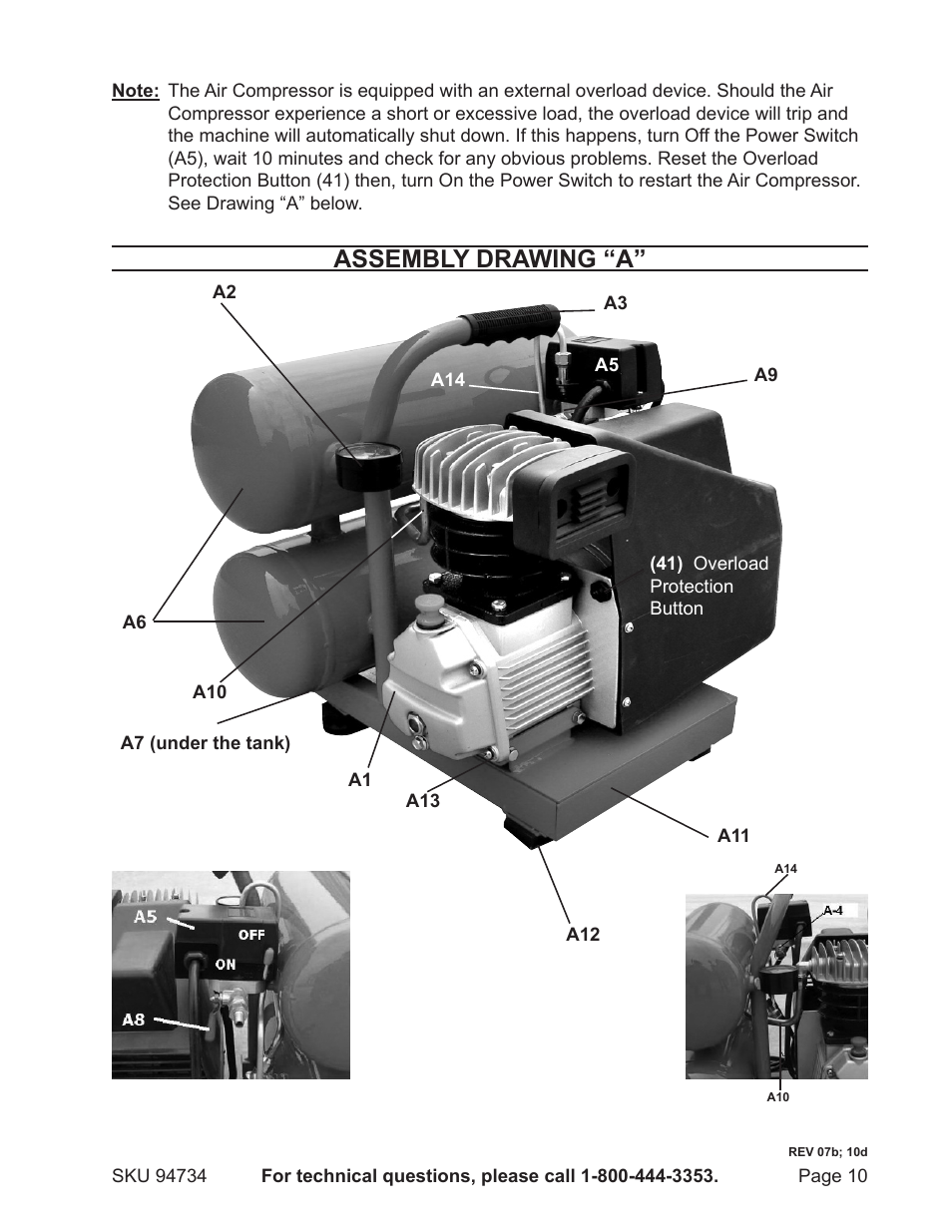 Assembly drawing “a | Harbor Freight Tools 94734 User Manual | Page 10 / 14
