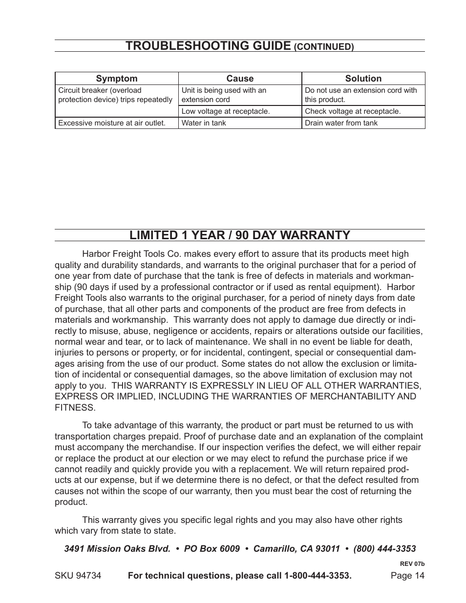 Troubleshooting guide, Limited 1 year / 90 day warranty | Harbor Freight Tools 94734 User Manual | Page 14 / 14