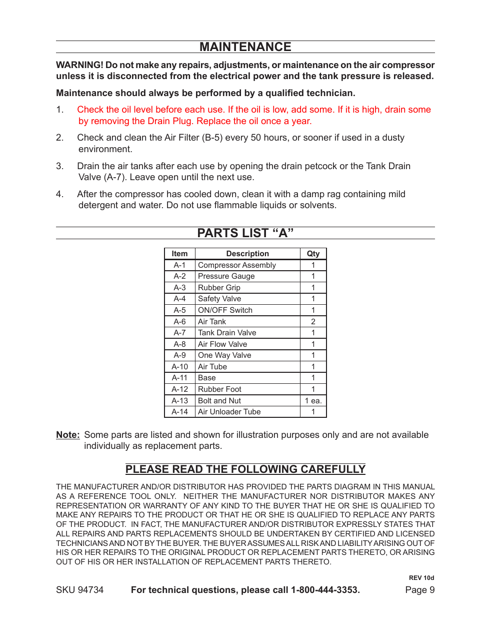 Maintenance, Parts list “a, Please read the following carefully | Harbor Freight Tools 94734 User Manual | Page 9 / 14