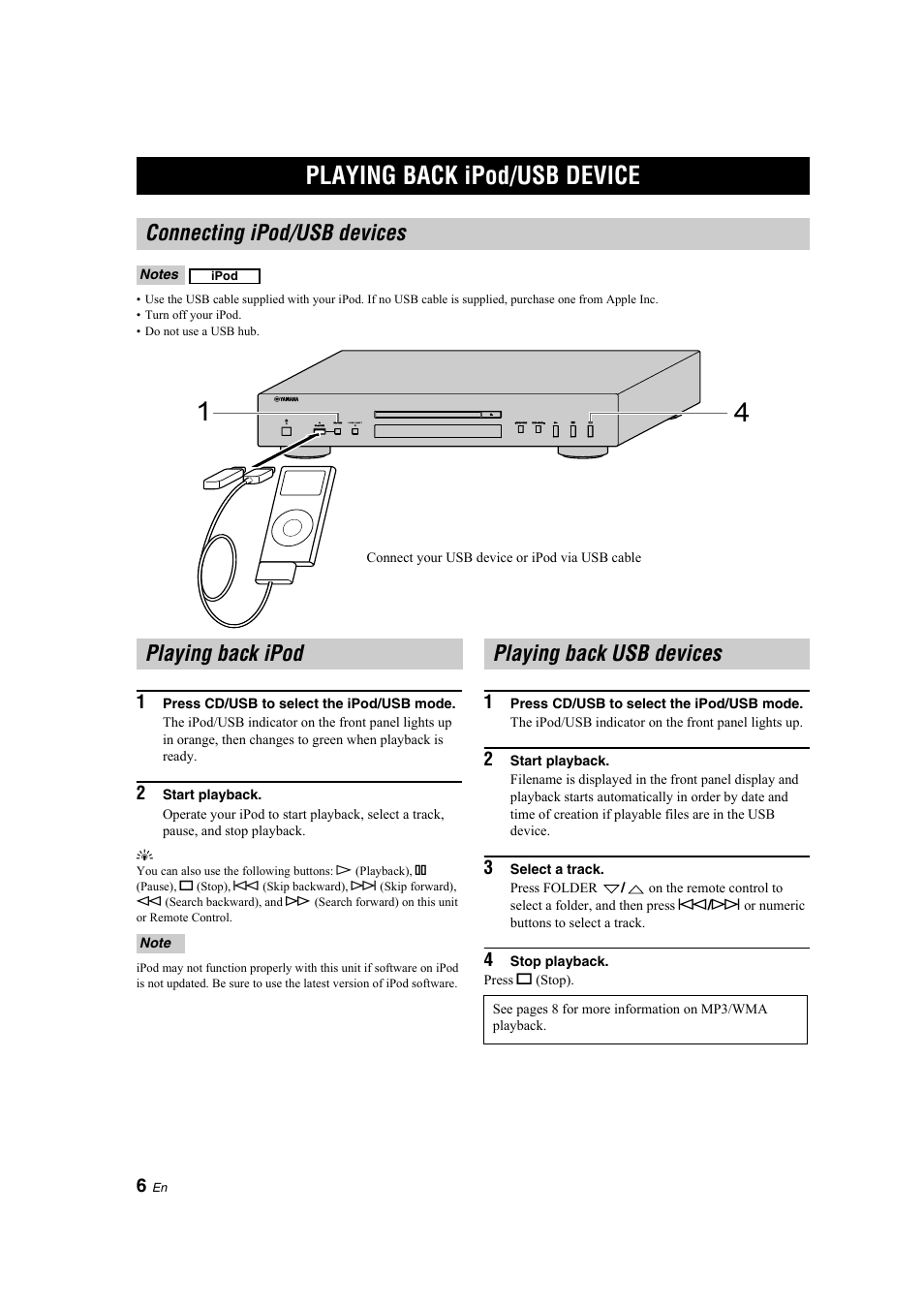 Operation, Playing back ipod/usb device, Connecting ipod/usb devices | Playing back ipod, Playing back usb devices | Yamaha CD-S300 User Manual | Page 10 / 108