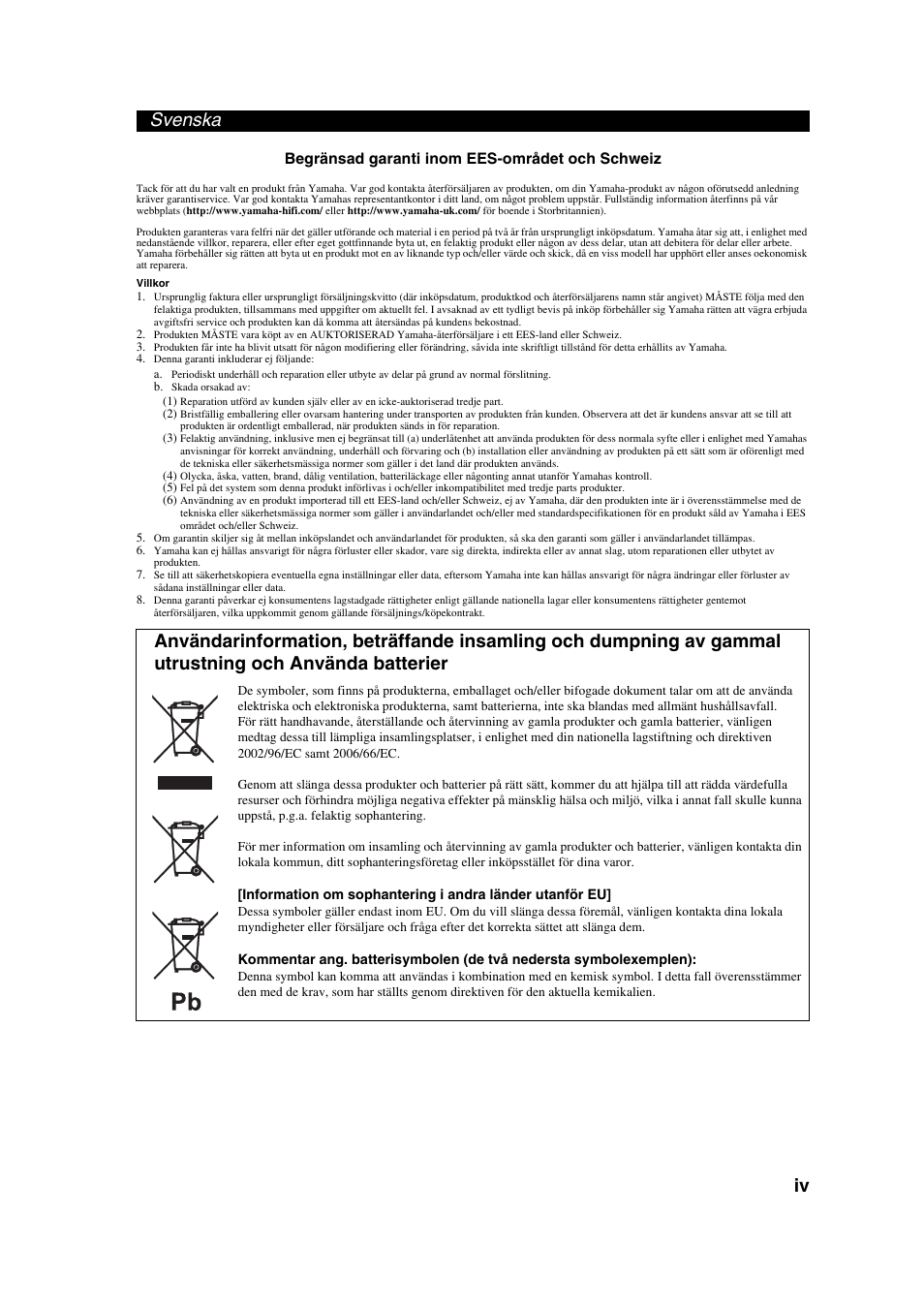 Svenska iv | Yamaha CD-S300 User Manual | Page 103 / 108