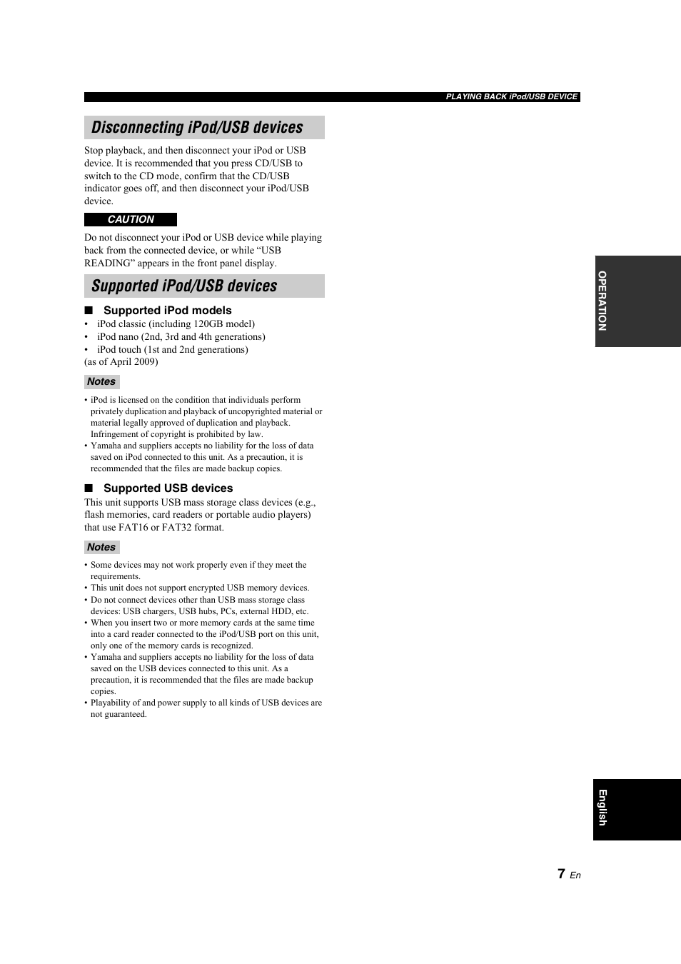 Disconnecting ipod/usb devices, Supported ipod/usb devices | Yamaha CD-S300 User Manual | Page 11 / 108