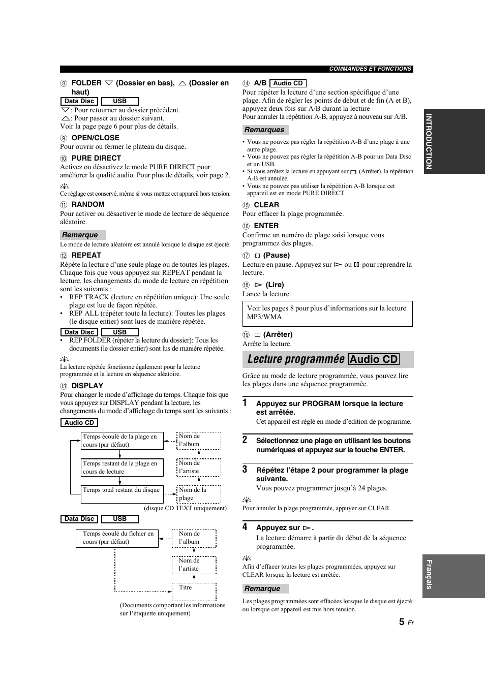 Lecture programmée audio cd, Lecture programmée, Audio cd | Yamaha CD-S300 User Manual | Page 21 / 108