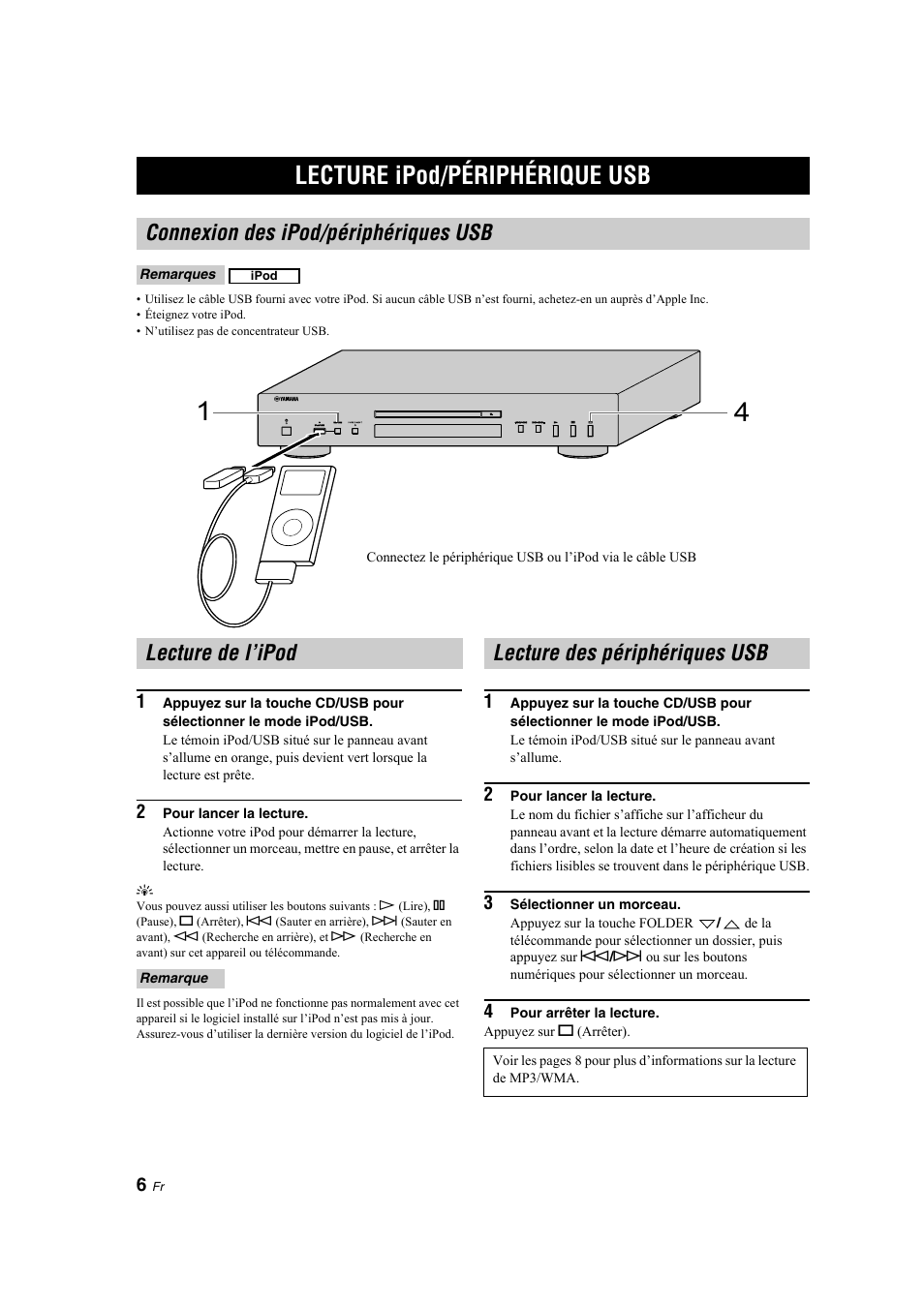 Opérations, Lecture ipod/périphérique usb, Connexion des ipod/périphériques usb | Lecture de l’ipod, Lecture des périphériques usb | Yamaha CD-S300 User Manual | Page 22 / 108