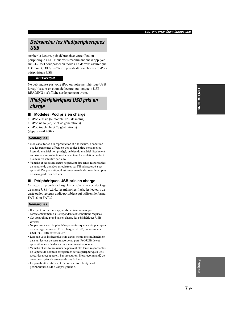 Débrancher les ipod/périphériques usb, Ipod/périphériques usb pris en charge | Yamaha CD-S300 User Manual | Page 23 / 108